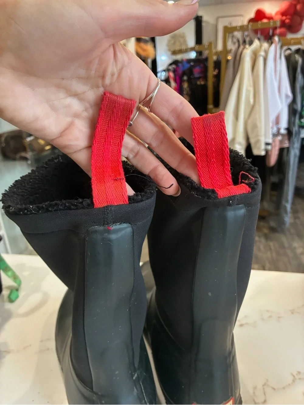 Hunter Black fleece lined Rain Boots with Red Logo Trim
